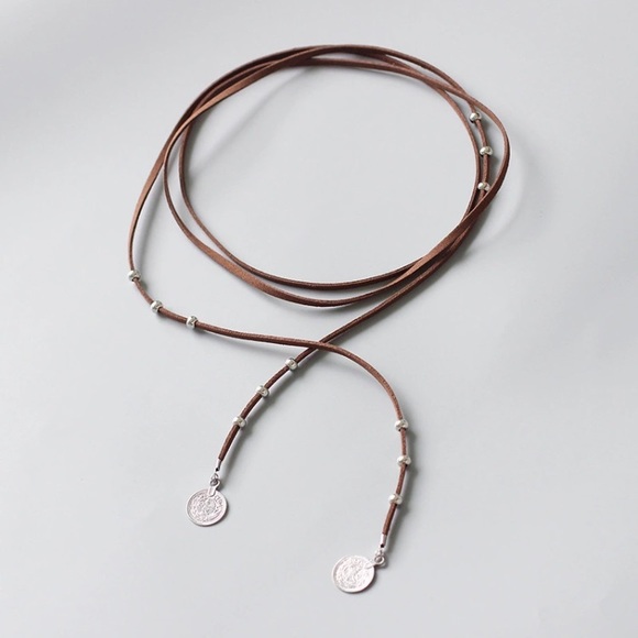 Brown Faux Vegan Suede Tie Cord Necklace - Picture 2 of 3
